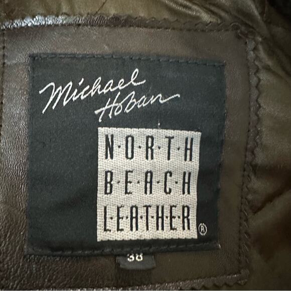 VTG Michael Hoban Brown Leather Bomber Jacket Unisex Short Sleeve Quilted Sz 38 - Picture 14 of 16